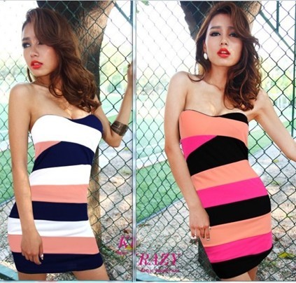 Freeshipping 2013 Fashion sexy geometry type color strip mini dress strapless one-piece dress slim sexy dress