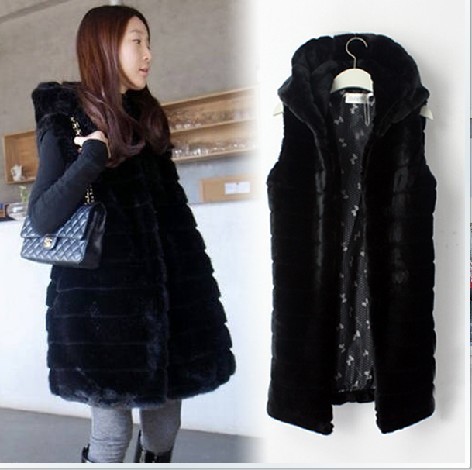 freeshipping 2013 high quality fashion thickening black long rabbit fur women  vest with a hood free size 9882 retail