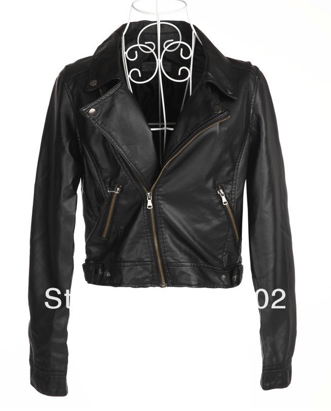 Freeshipping 2013 New Arrivals Women Black Motorcycle Leather Sleeve Jacket  Ladies Designs Short  Jacket Coat Tops J001a