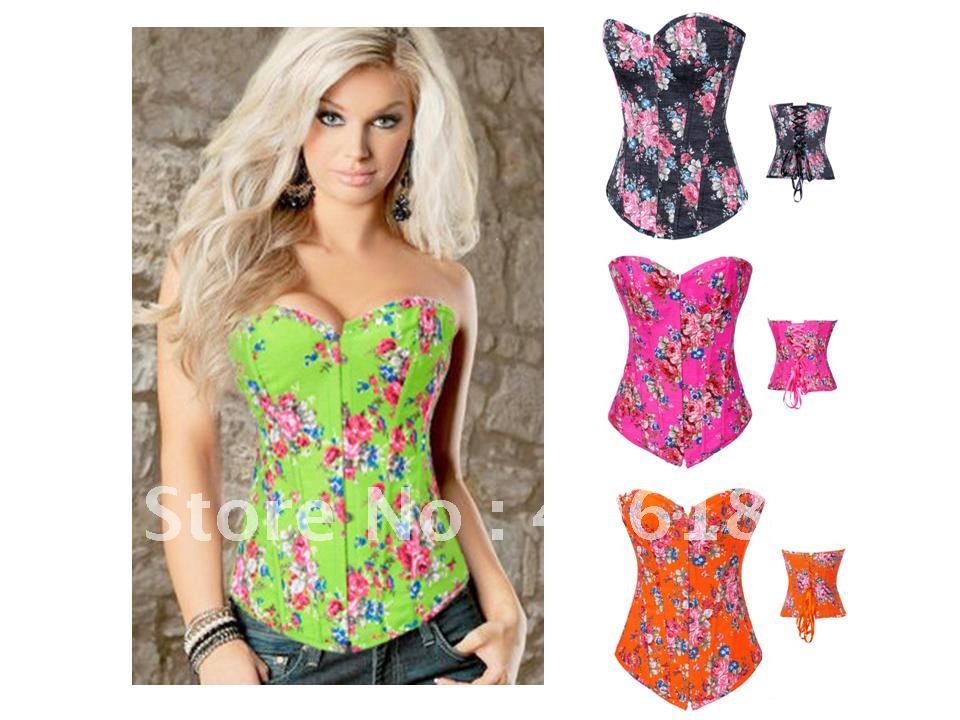 FREESHIPPING!! 4 color Fantasy Charming Lace Up Boned Rose Floral Corset Bustier Jean Costume wholesale retail S-XL