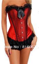 Freeshipping , Bustier , Lingerie ,Red overbust Corset with Black Lace Trim