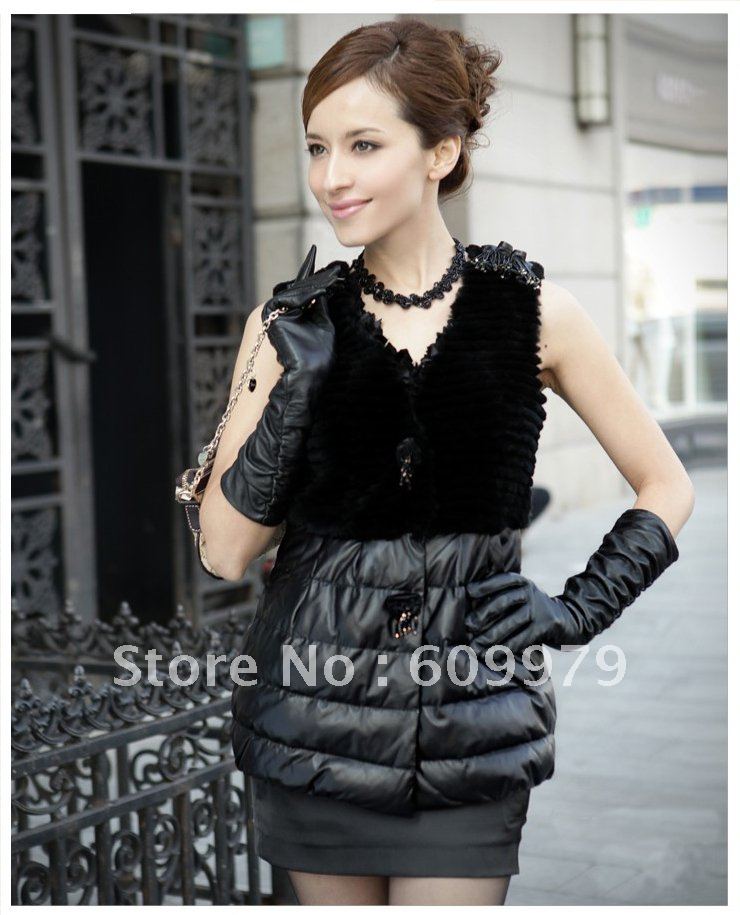 Freeshipping Fashion Lady Lamb Skin Fur Long Vest with Rex Rabit Fur FLR0147 Size of M, L, XL,XXL