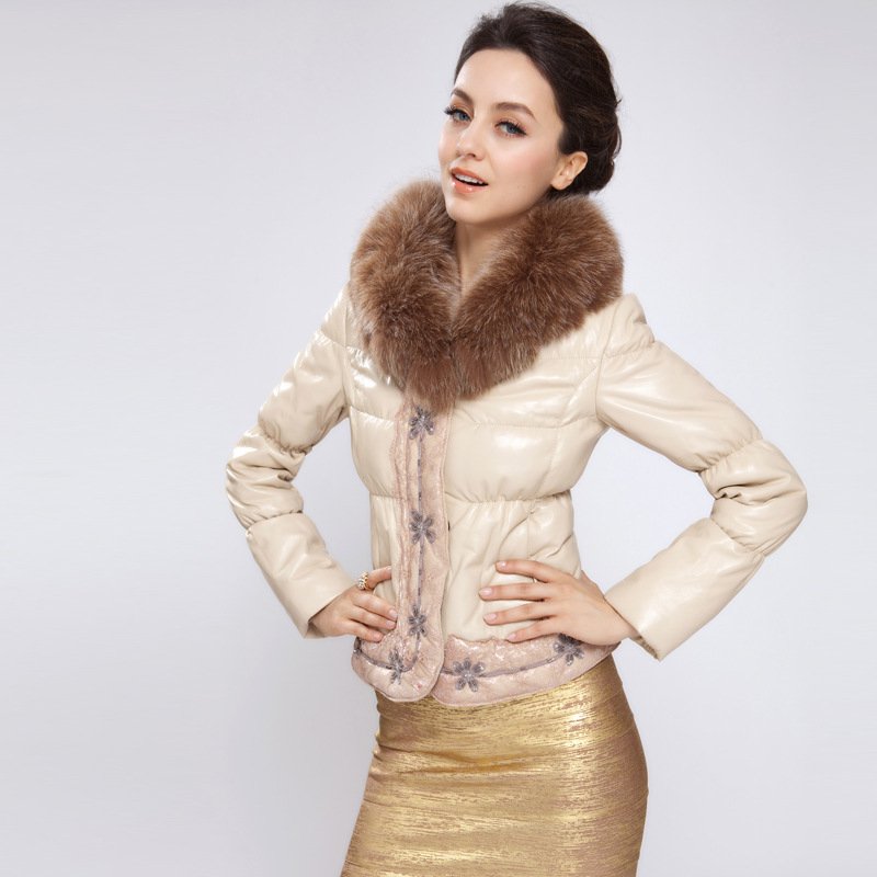 Freeshipping  Fashion Lady Sheep Fur Jacket with Removeable Fox Fur Collar FLF0125 Size of S, M, L, XL,XXL