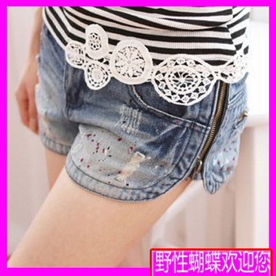 Freeshipping Fashion mid waist side zipper distrressed wearing white summer women's denim shorts women 2012