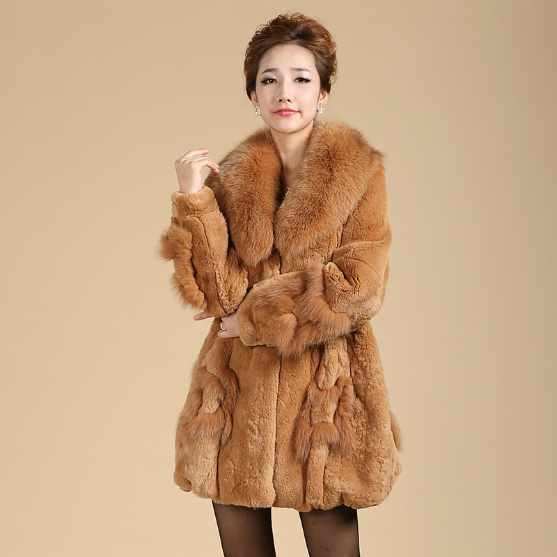 FreeShipping full leather rabbit cashmere fox fur rex rabbit hair fur coat fur medium-long