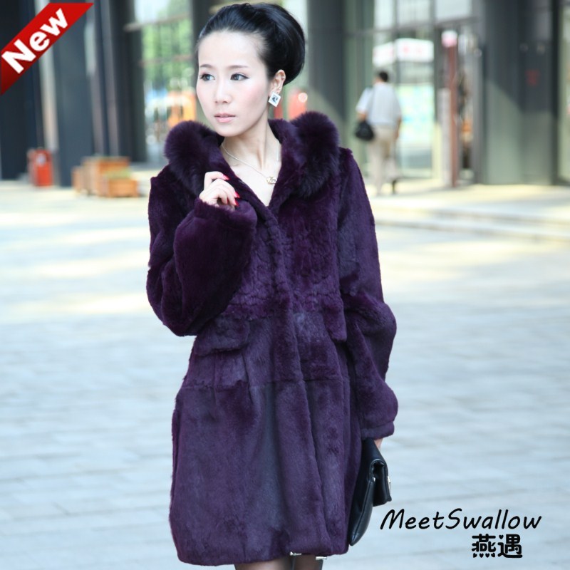 Freeshipping fur outerwear 2012 fox fur rex rabbit plush rabbit fur hooded long design overcoat