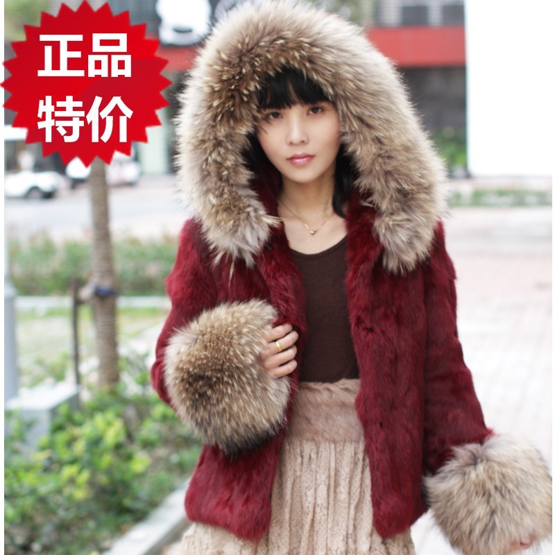 FreeShipping fur outerwear 2012 full leather rabbit fur raccoon fur cuff with a hood women's