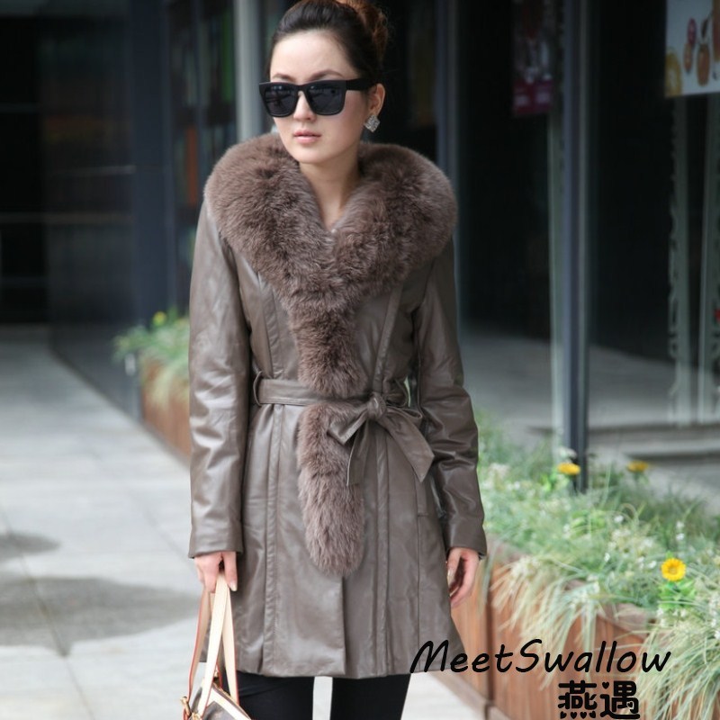 FreeShipping fur outerwear 2012 fur one piece genuine leather clothing fox fur long design overcoat