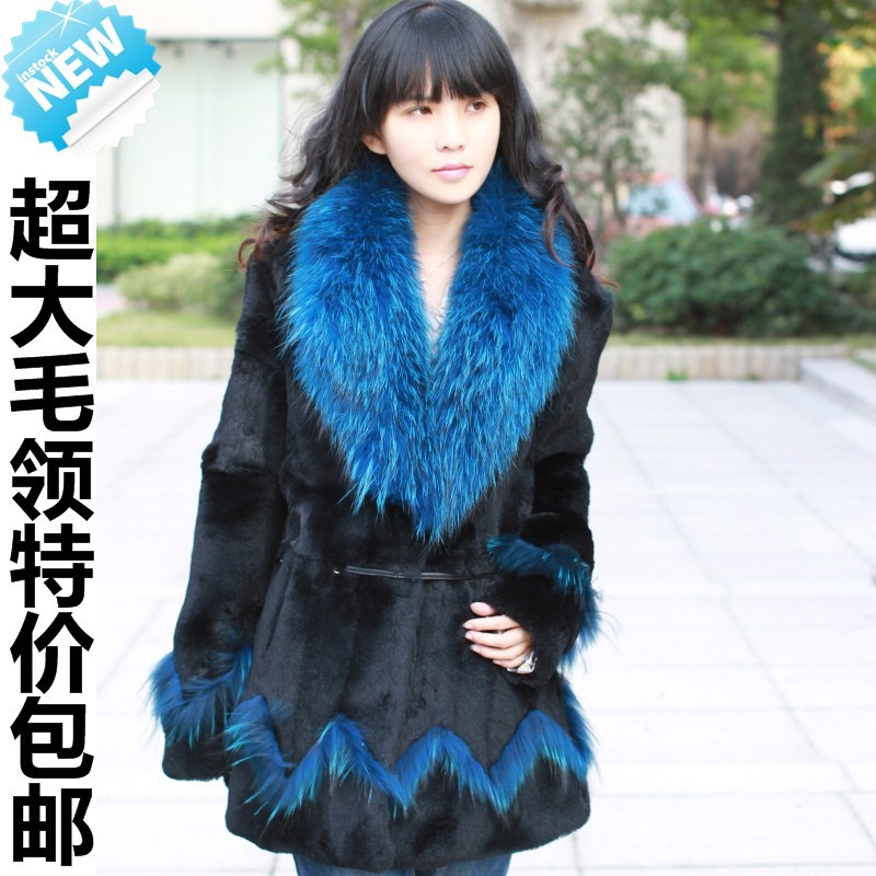 FreeShipping fur outerwear 2012 large raccoon fur rex rabbit plush rabbit fur overcoat