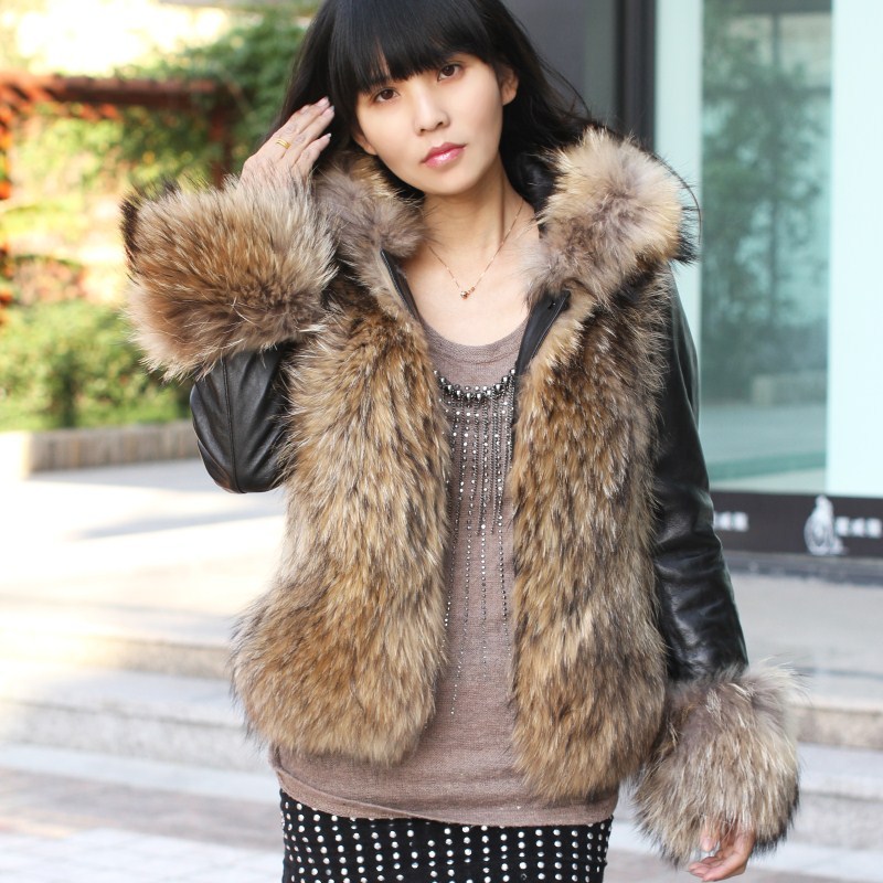 FreeShipping fur outerwear 2012 ultralarge raccoon fur sheepskin leather clothing fur