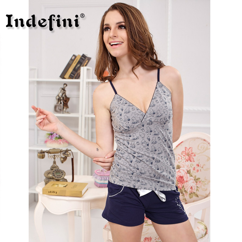 Freeshipping Indefini women's vest shorts 100% cotton casual lounge female at home service set IVU