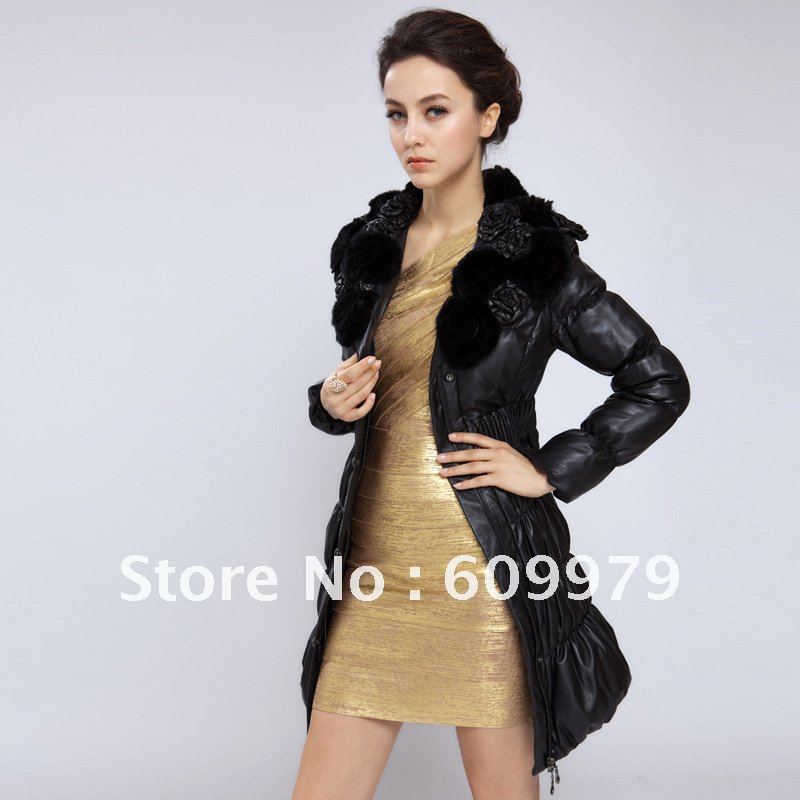 Freeshipping Lamb Fur  Women Winter Coat with Rex Rabit Collar FRL0122 Size of M, L, XL,XXL