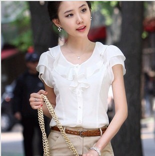 Freeshipping Lily 2012 ! women's o-neck puff sleeve ruffle casual chiffon shirt short-sleeve top