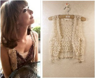 Freeshipping Lily crochet cutout all-match tassel vest