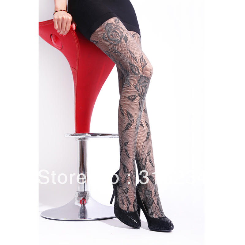 Freeshipping Lovebox black sexy rose fishnet stockings female spring and autumn pantyhose