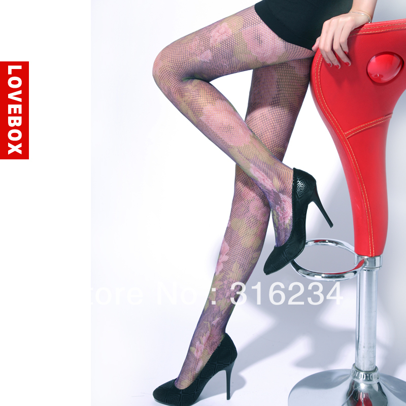 Freeshipping Lovebox female purple flower pantyhose jacquard fishnet stockings  fashion socks tights