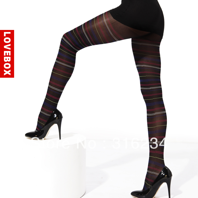 Freeshipping Lovebox  female stockings multicolour horizontal stripe 80D pantyhose socks