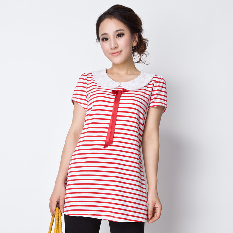 Freeshipping Maternity clothing top summer lace turn-down collar navy style stripe maternity short-sleeve T-shirt IVU