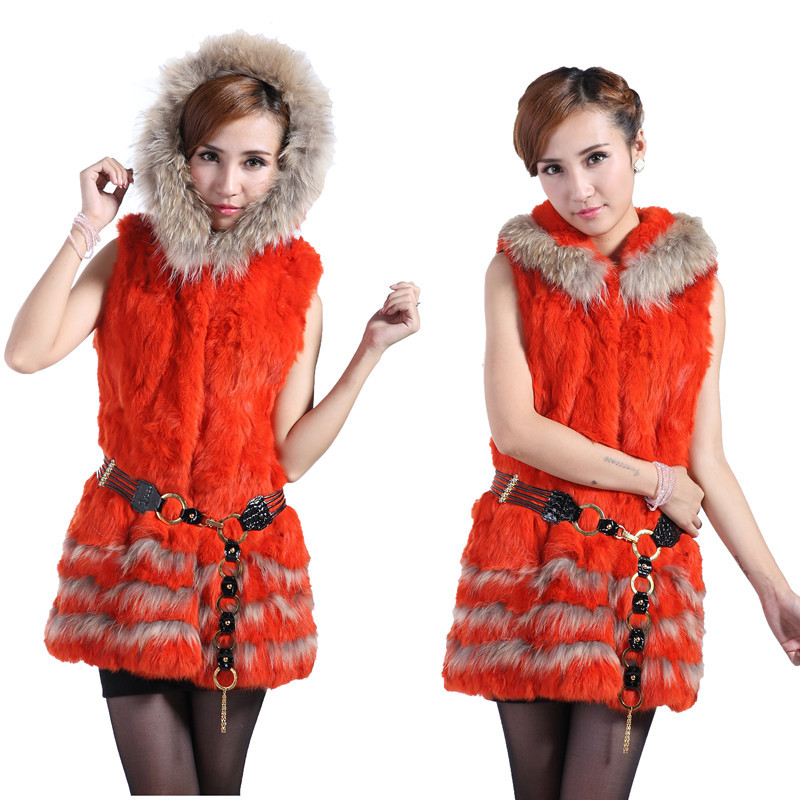 Freeshipping medium-long 2012 rabbit fur vest hooded ultralarge raccoon fur female outerwear