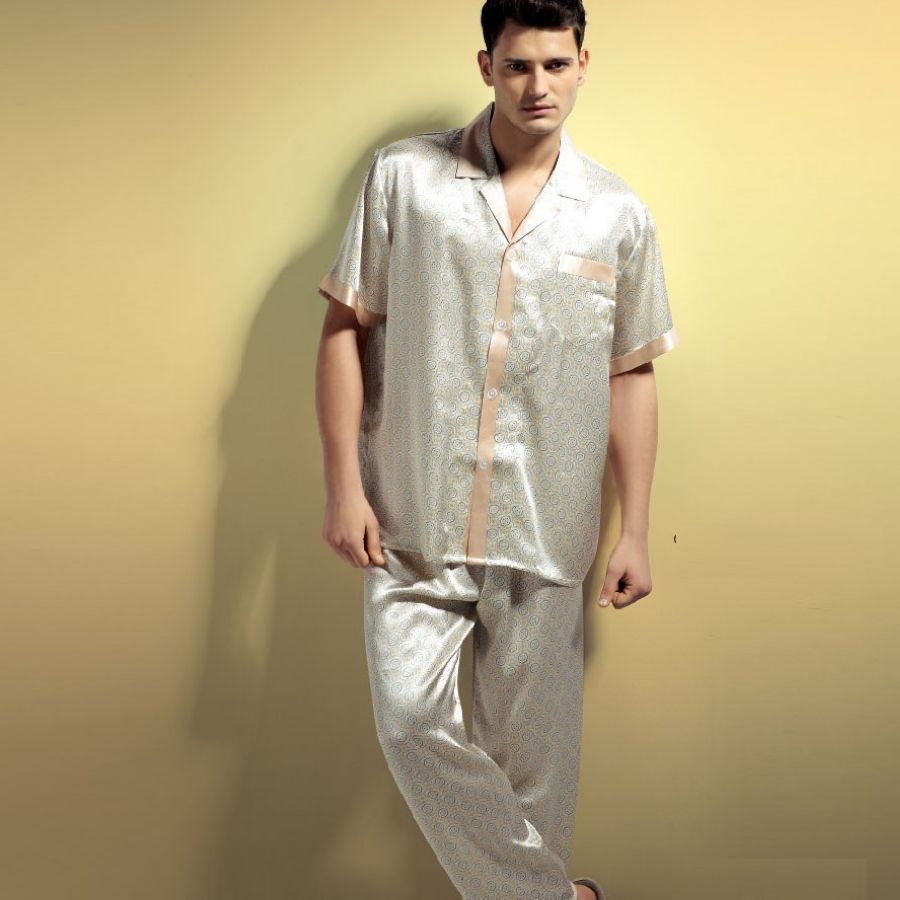 freeshipping Mulberry silk heavy silk sleepwear male short-sleeve set 11003