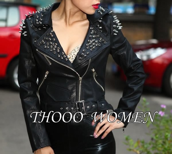 Freeshipping!New style THOOO All hand Women Rock Punk Rivets Studded black 3D Blazer jcaket Coat  Leather Motorcycle Moto Jacket