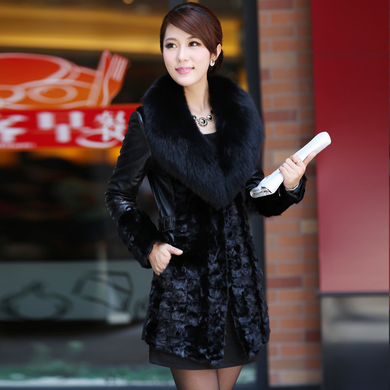 FreeShipping Plus cotton 2012 women's marten overcoat fox fur mink hair fight mink medium-long fur coat 0008