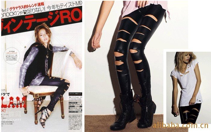 Freeshipping punk fashion BLACK matt cutout ripped imitation leather pu leggings pants wholesale PT14