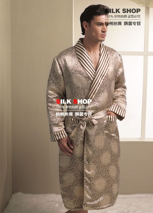 freeshipping Pure silk winter thickening cotton-padded male robe a8114