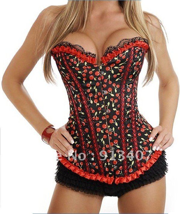 Freeshipping Red Sexy Women Boned Cherry Design Lace Up Overbust satin Corset set Bustier Costumes Lingerie + G-string AB920 m