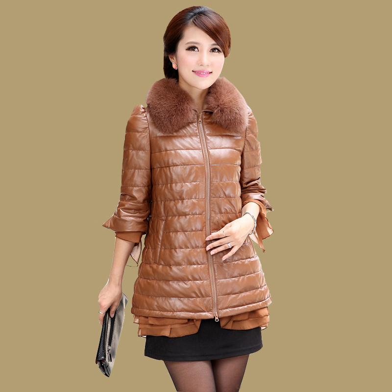 FreeShipping Sheepskin 2012 genuine leather down coat three quarter sleeve fox fur female sheepskin clothes 8878