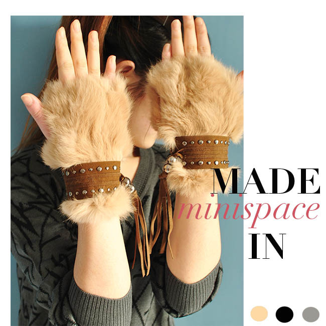 FreeShipping spring gift drwcys punk plush rabbit fur  rivet half finger leather gloves