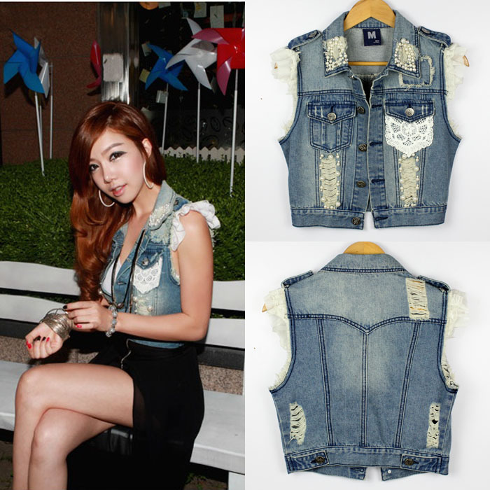 Freeshipping The new winter European and American style fashion wild beads denim vest female fashion outwear design waistcoat