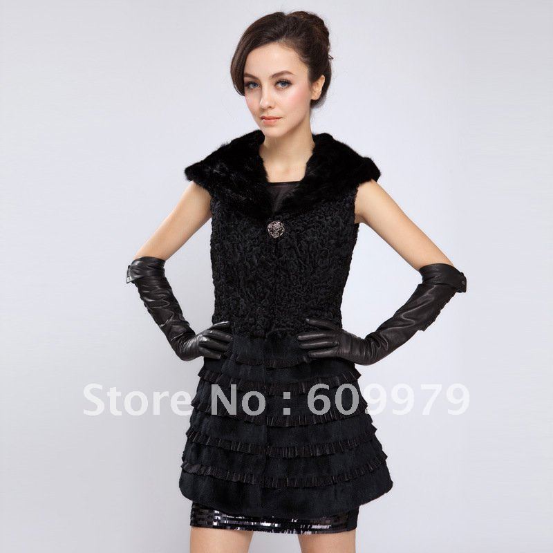 Freeshipping Women Lamb Fur Vest Long Vest with Rex Rabit Collar FRL0114Size of M, L, XL,XXL