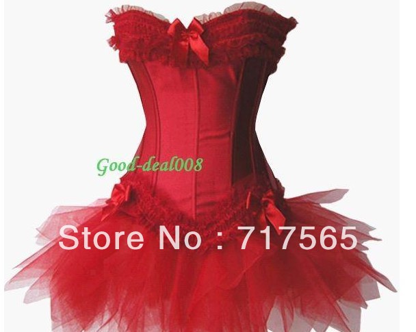 Freeshipping Women Red Long Bone Satin Lacy Corset Tutu Dress S-2XL