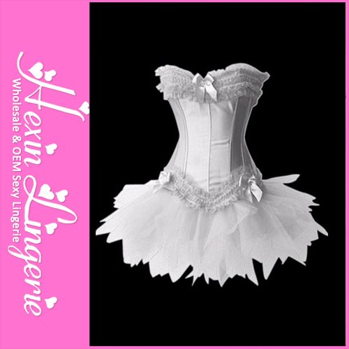 Freeshipping Women White Long Bone Satin Lacy Corset Tutu Dress LB4020W