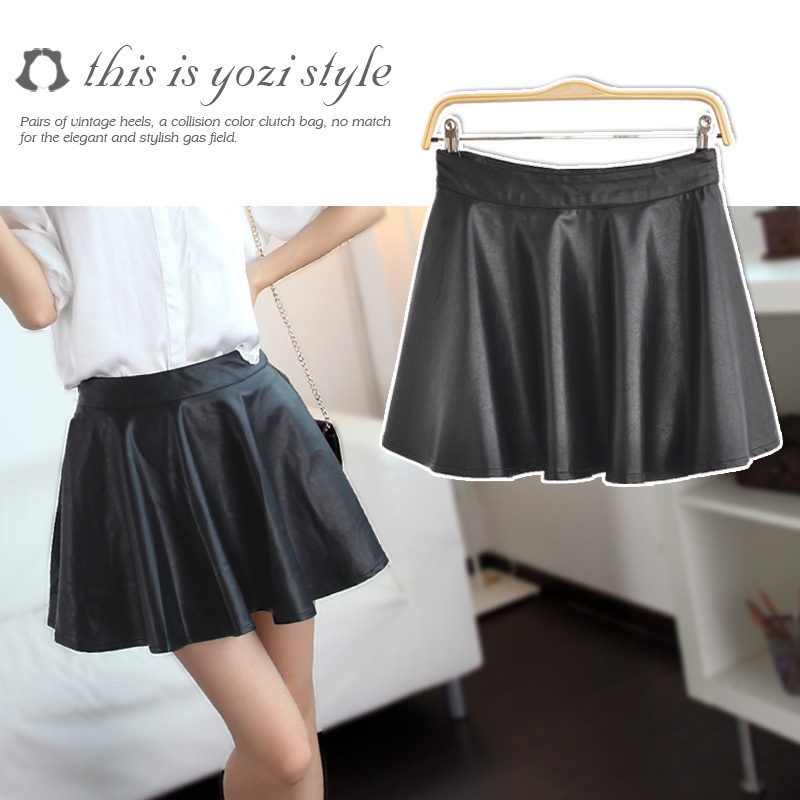 Freeshipping Yozi 2012 personalized leather patchwork high waist pleated sweep short skirt gg022