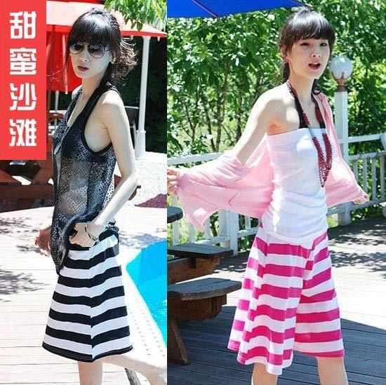 Freesjipping Sweet beach fashion beach pants wide leg pants knee-length pants big boot cut stripe shorts culottes