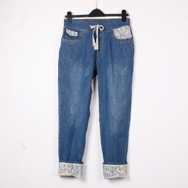 Fresh casual loose elastic waist lace roll-up hem denim trousers female