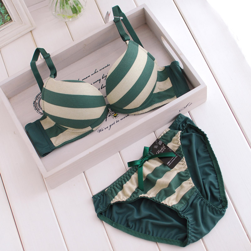 Fresh green stripe women's bra set underwear set