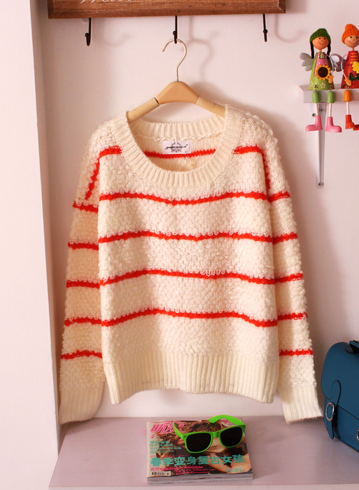 Fresh miiss circle yarn fleece pullover long-sleeve sweater vintage stripe