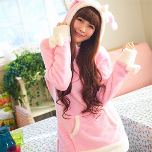 Fresh sweet with a hood one piece women's thickening long-sleeve coral fleece sleep set lounge