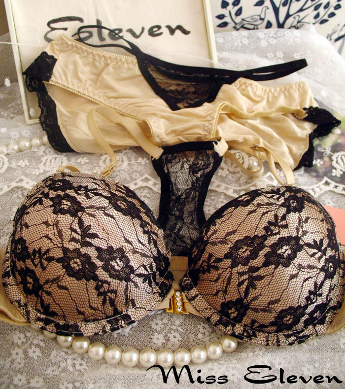 Front button black rose lace sexy insert push up underwear bra set