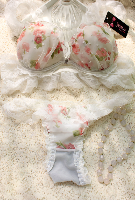 Front button chiffon gauze push up underwear bra set white