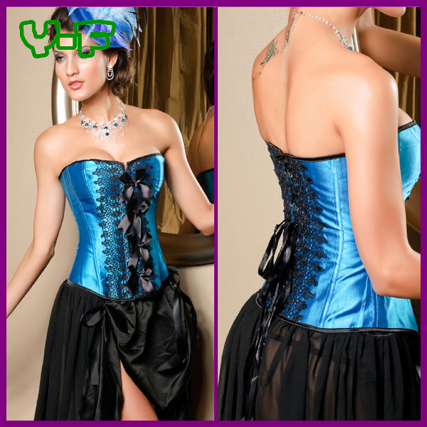 Front Embroidery And Bow Blue Black Corset,Blue Plus Size Corsets Bustiers Training Corset YF5151 + G String + Free Shipping