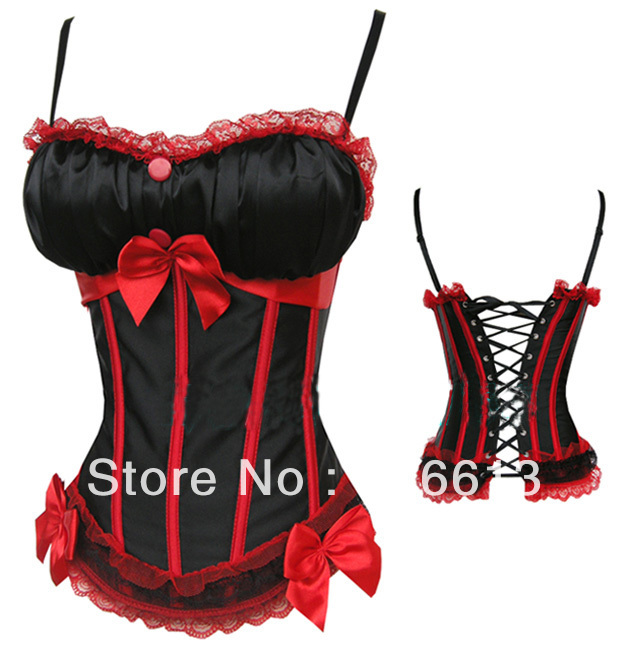 Front Three Bows and Lace Satin Corset with G-string 4colors option Free Shipping