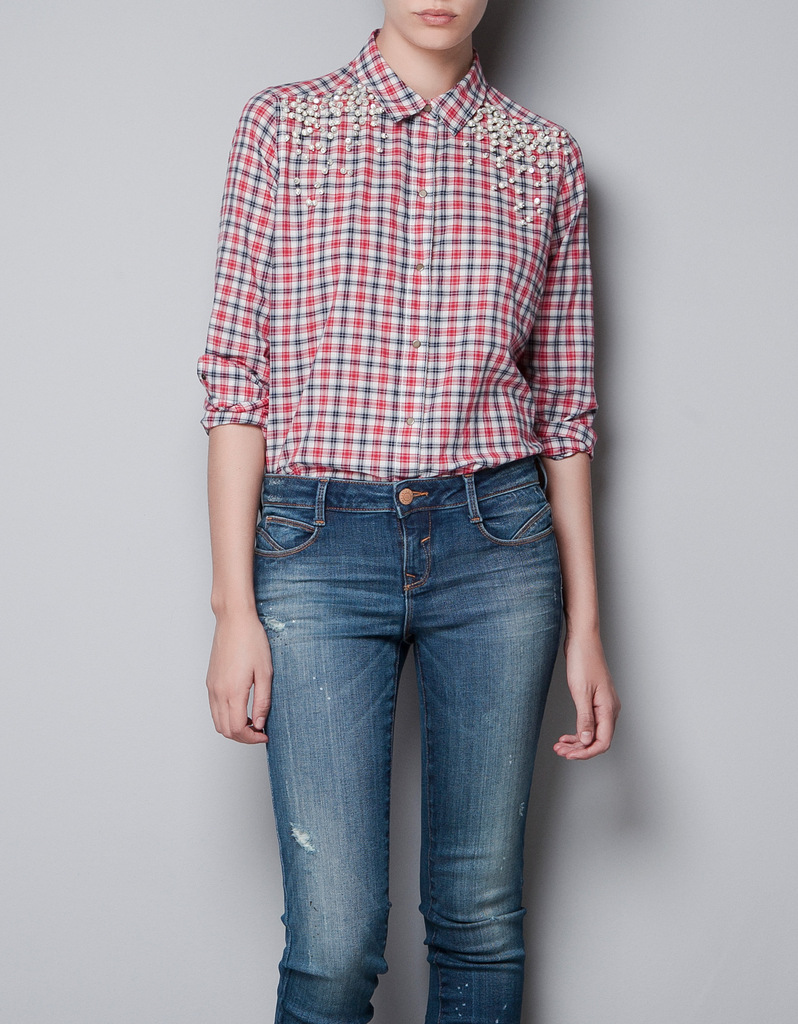 FS124 NEW ARRIVAL!Fashion beaded decoration plaid women's shirt