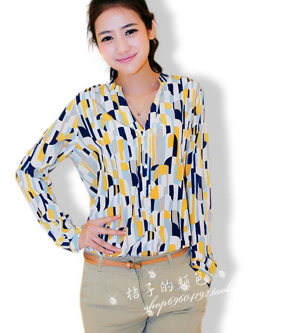 FS416 2012 fashion long-sleeve chiffon stand collar geometric graphic patterns V-neck women's shirt