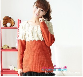 FS428 Autumn&spring women's plush color block decoration tassel medium-long o-neck long-sleeve loose sweater FREE SHIPPING!