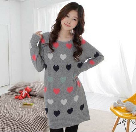 FS444 autumn&winter women high quality multicolor heart all-match long-sleeve knitted sweater dress FREE SHIPPING!