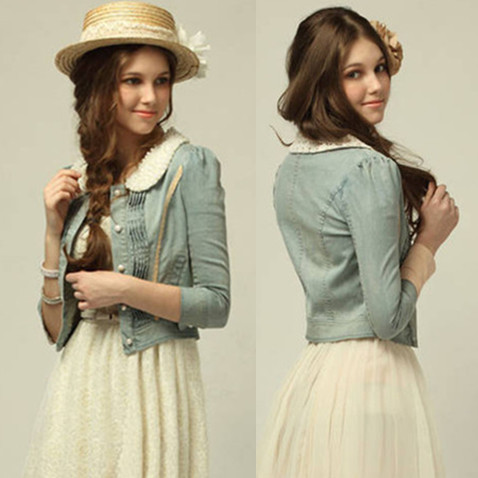 FS513  autumn pearl peter pan collar vintage reminisced all-match three quarter sleeve denim cardigan free shipping